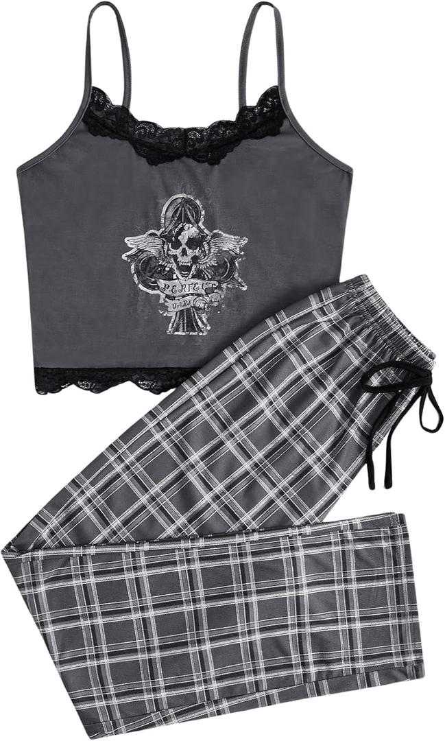 WDIRARA Women's Goth Pajama Set 2 Piece Cami Top and Plaid Pants Sleepwear Sets Grey Small