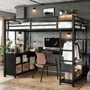 Twin XL Loft Bed with Desk and Wardrobe, Metal Twin XL Size Loft bed with Storage Cubes and Shelves, Heavy-duty Loftbed for Kids, Teens, Adults, Noise-free and No Box Spring Needed Design, Black