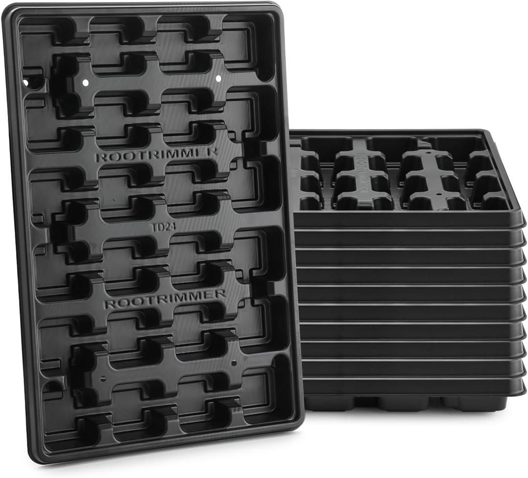 RooTrimmer 24 Cell Nursery Pots Trays 10 Pack (17"x11"x1.6"), Reusable Plastic Plant Pot Tray with Drain Holes, Carrying Seed Starter Tray for Holding 2.8 inch (7CM) Square Nursery Pots (Black)