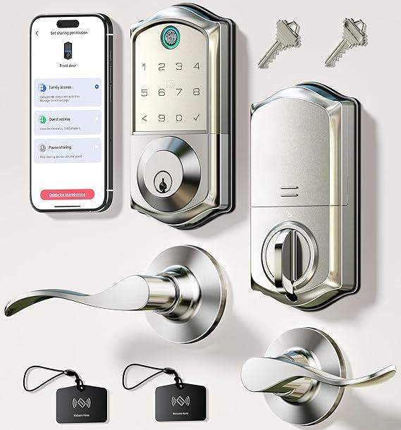 Veise VE017 Fingerprint Smart Lock with 2 Lever Handles, Keyless Entry Front Door Lock Set, App Control, Electronic Digital Keypad Deadbolt, Easy Installation, Emergency Power Port, Satin Nickel