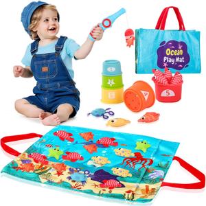 Montessori Toy for 1 Year Old Baby Birthday Gift, 22 PCS Toys Fishing Game Set with Stacking Cup - Number Counting, Color and Shape Sorter Learning for Toddler 1-3 Year Old Boy Girl
