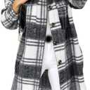 PUWEI Women's Long Flannel Plaid Jacket Shacket Cozy Lapel Button Down Shirt Jacket Fuzzy Trench Coat Small