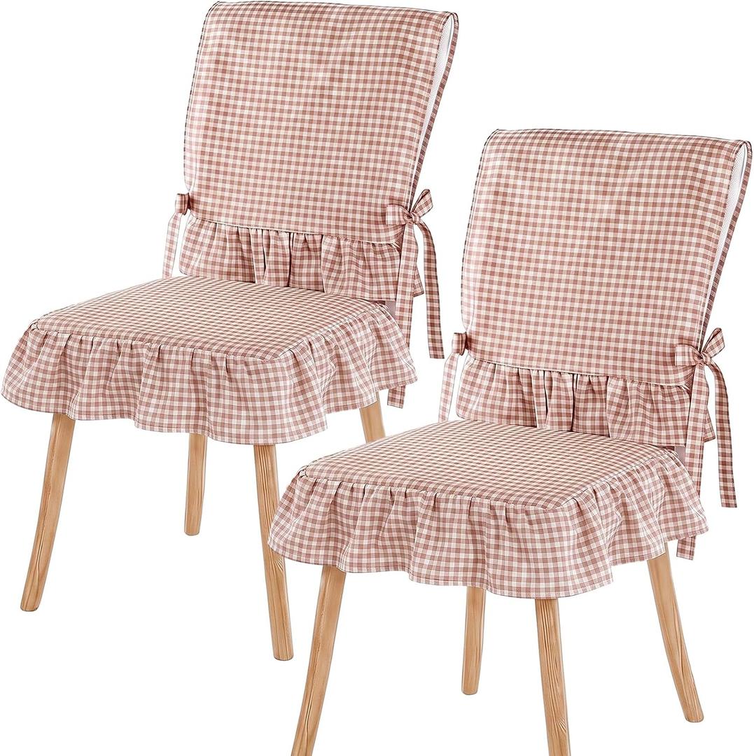 Irenare 2 Sets 17.7'' Gingham Ruffle Chair Cushions Cover and Back Cover