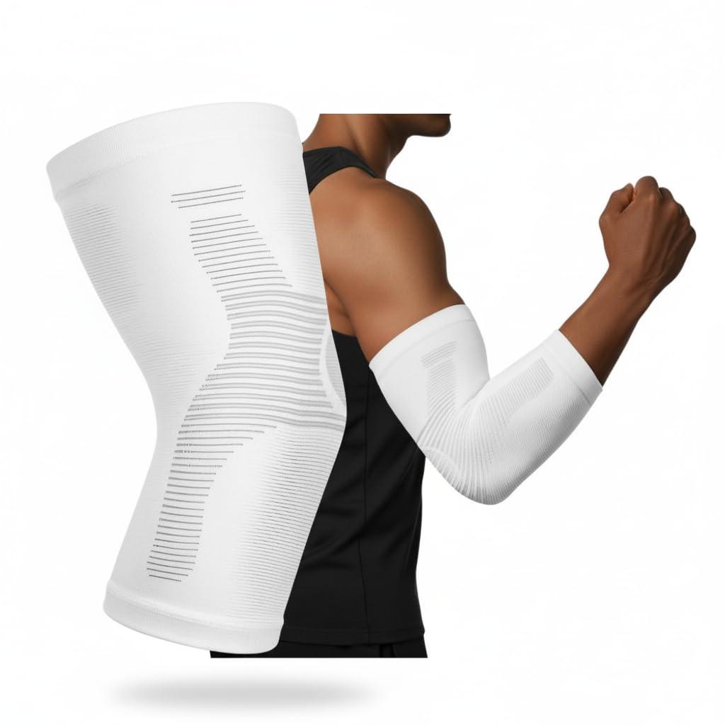 Premium Compression Sleeves Support for Tendonitis, Tennis & Golf Elbow, Weightlifting, and Joint Pain Relief - Kinesiology Compression Elbow Sleeves for Men and Women (White, Medium)