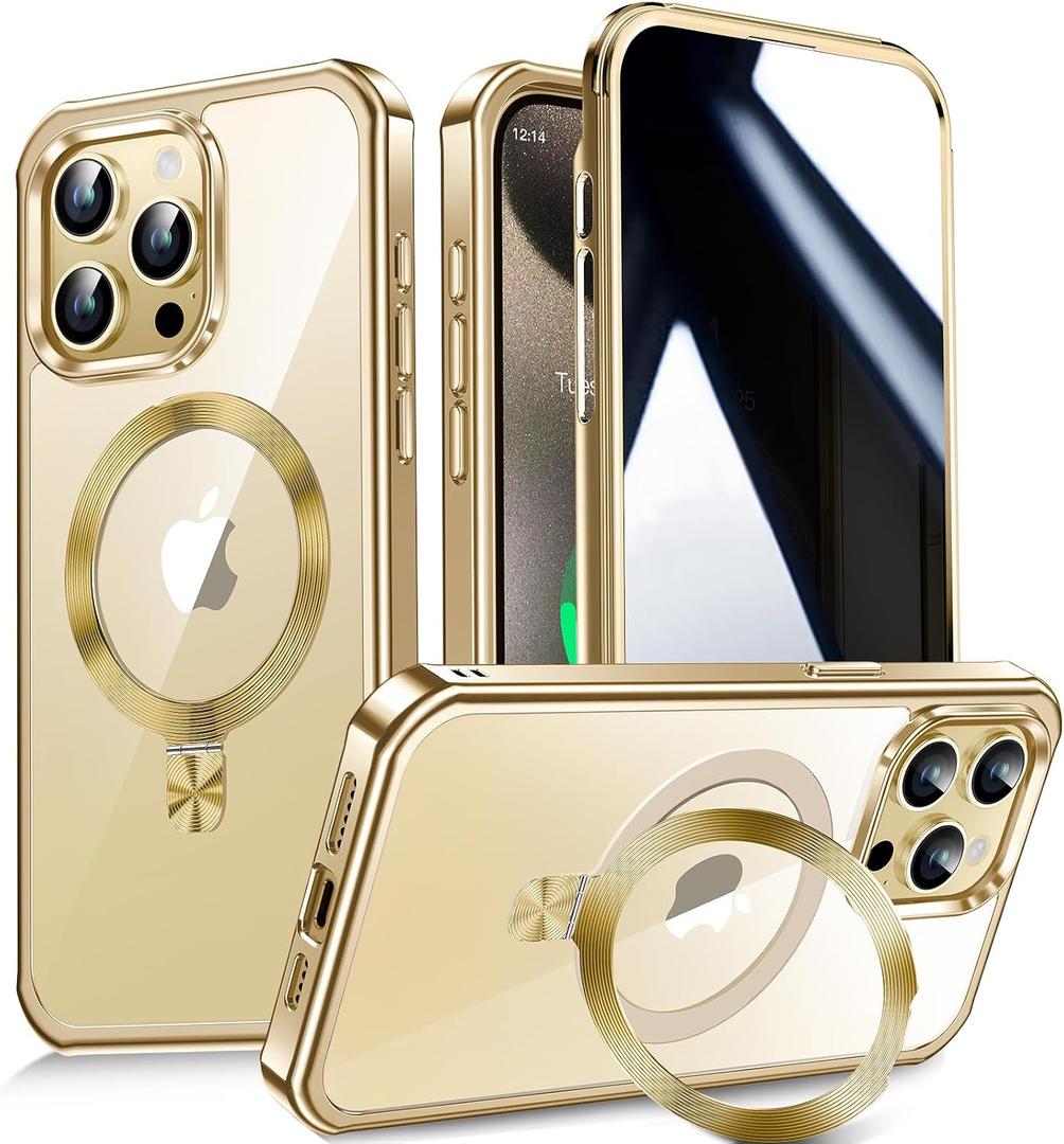 [CD Metal Ring Stand + Built-in Privacy Screen Protector] Magnetic Case for iPhone 15 Pro 6.1" [Soft Bumper Full Signal] [Compatible with MagSafe] 9H Glass Full Body Shockproof Clear Case, Gold