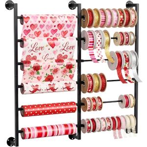 Ofiray-home Double 6-Tier Ribbon Storage Organizer, Large Capacity Wall Mount Ribbon Organizer with 12 Removable Rods, Gift Bag Yarn Storage Holder for Craft Room, Flower Shop, DIY Supplies - Metal