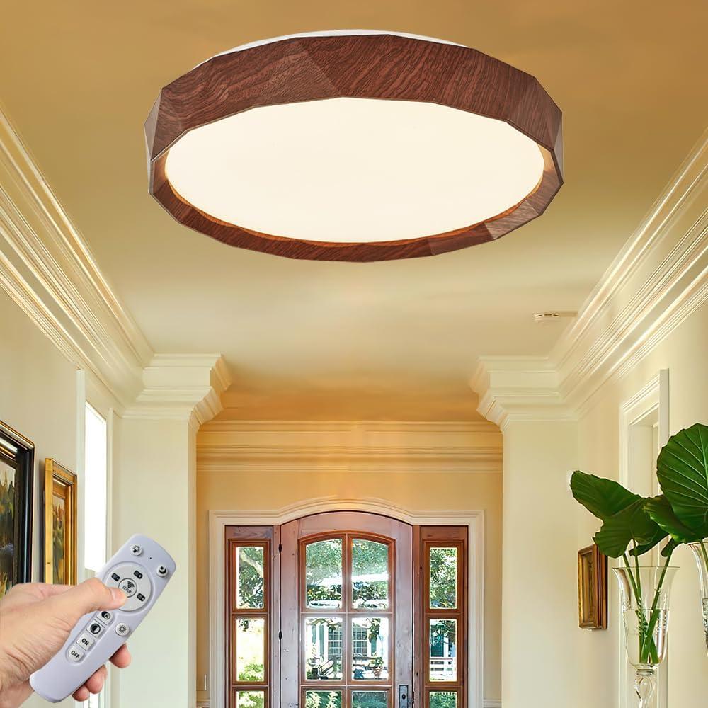 Dimmable LED Ceiling Light, 20 Inch 48W with Remote Control, 3000K-6500K,Round Walnut Color Flush Mount Ceiling Light，Modern Wood Grain Lamp, Suitable for Entryway, Bedroom and Living Room., 19.7 inches