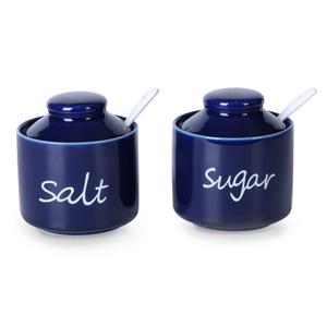 ONTUBE 8oz Sugar and Salt Bowls with Lid and Spoon, Ceramics Condiment Pots,Seasoning Jar Spice Container for Kitchen,Dishwasher Safe (Navy)