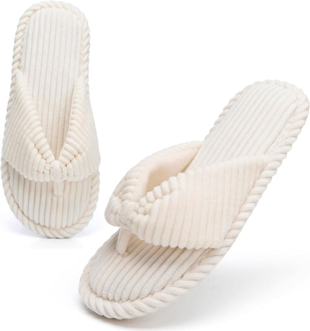 GOEWY Womens Flip Flops Slippers with Memory Foam Cute Corduroy Bow House Slippers Indoors Outdoors Soft Anti-Skid Open Top Size 9-10/40-41