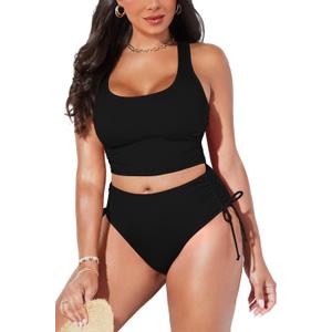 Pink Queen Women Racerback Ruched Crop Top High Waisted Bikini Sets 2 Piece Swimsuit Bathing Suit 2026 (Black, L)