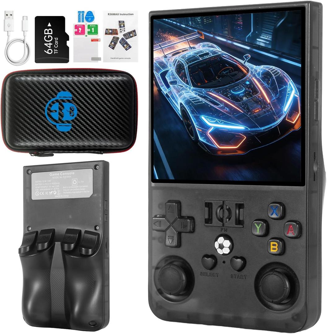 R36MAX Retro Handheld Game Console, 4.0 inch IPS HD Screen Retro Game Console with 4000mAh Battery, Portable Video Gaming Console with 64GB TF Card, Open Source Linux System, Support 30+ Emulators