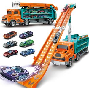 Toddler Car Truck Toys,Car Carrier Truck Toy for Kids Age 3-5 4-8,Foldable Car Track Sets with 2.8-Ft Race Track and 6 Die-Cast Race Cars, Truck Toys Gifts for 3 4 5 6 7 8+ Year Old Boys Girls(orange)
