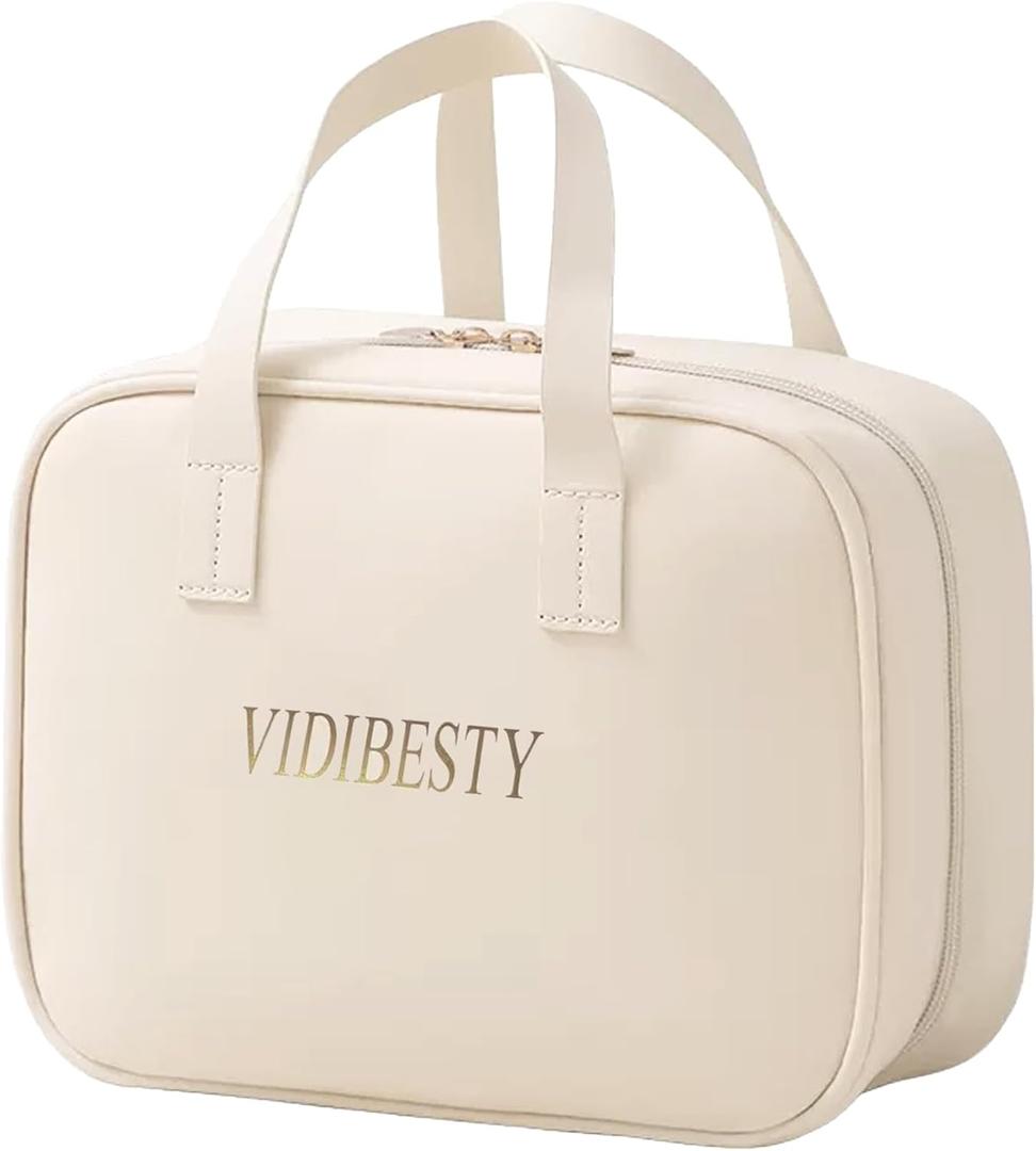 Travel Makeup Bag Skin-feel Leather, Large Capacity Cosmetic case for Women, Waterproof Portable Make up Organizer with Divider and Handle for Toiletries, Beauty Essentials (Beige)