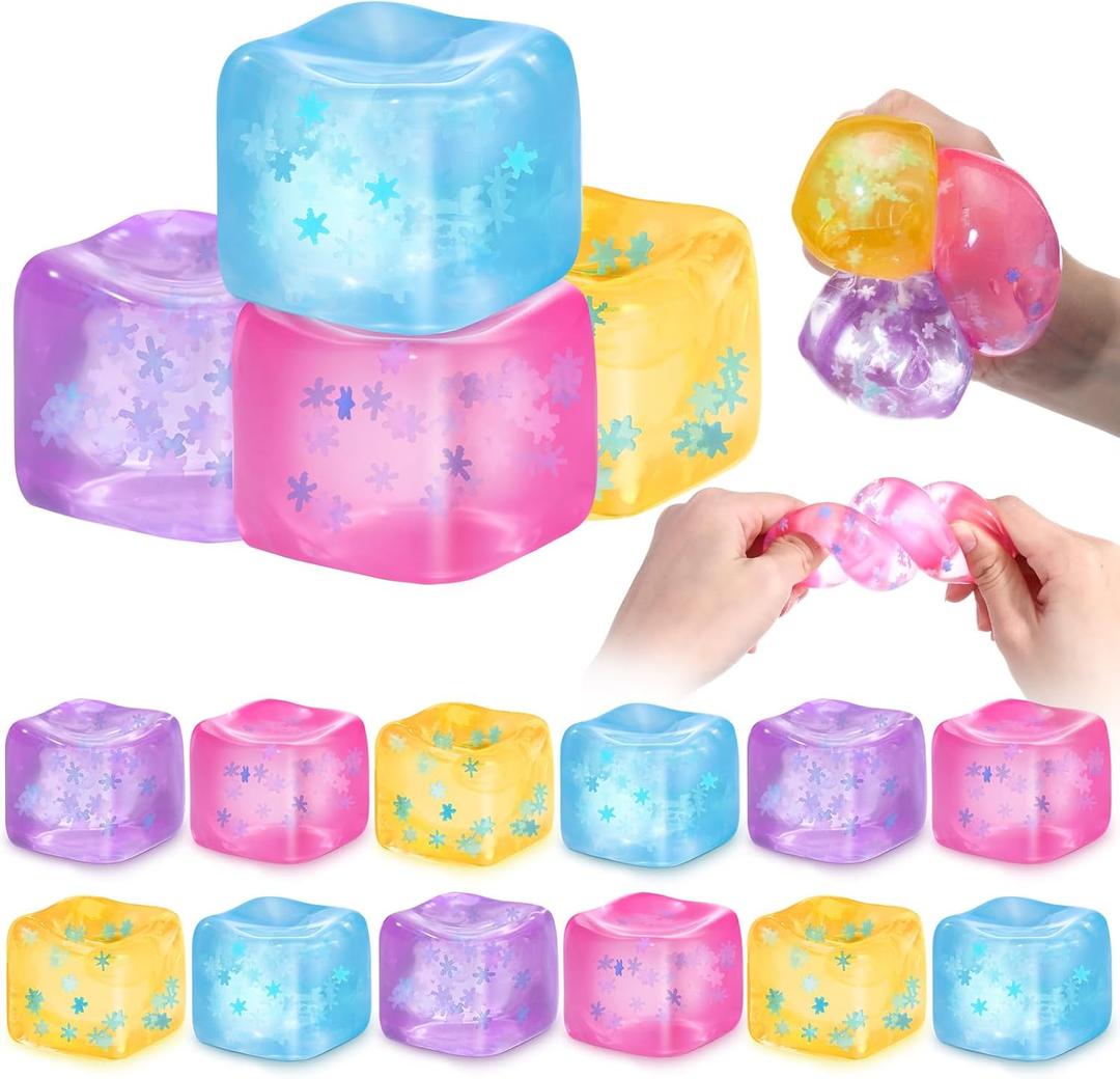 16 Pcs Stress Cube with Snowflakes Slow Rising Ice Cube Stress Balls for Adult Sensory Squeeze Cubes for Anxiety Relief Prizes Goodie Bag Stuffers (4 Color), 1.77 inches