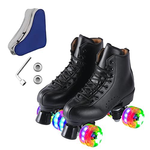 Ugboiu Roller Skates for Men and Women, Black Derby Roller Skates with 4 Shiny Wheel, Classic Double-Row Roller Skates for Indoor and Outdoor, 38
