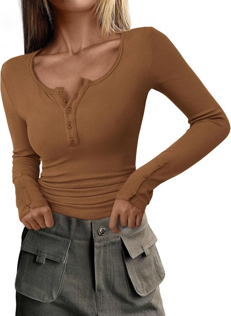 PRETTYGARDEN Women's 2025 Summer Long Sleeve Henley T Shirts Ribbed Knit Button Slim Fitted Basic Casual Going Out Fall Tops (Brown, M)
