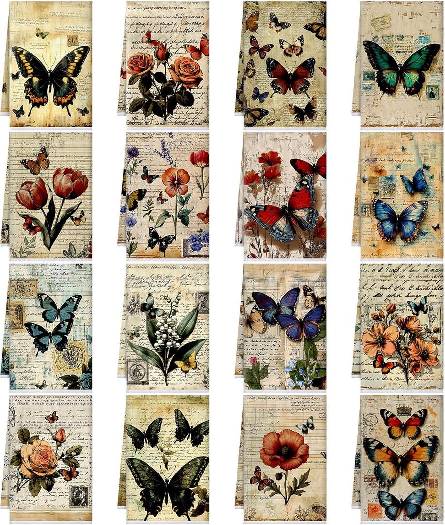 Bencailor 16 Pcs Spring Kitchen Towels Floral Butterfly Hand Dish Towels Vintage Flower Tea Dishcloths for Spring Holiday Kitchen Bathroom Home Decor Gifts, 16 x 24 Inch (Lovely Color)