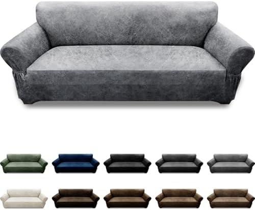 Pfrstuv Couch Cover Leather Look 3 Seater Couch Sofa Cover 1-Piece Sofa Slipcover Stretch Furniture Protector with Elastic Bottom & Pockets(Sofa, Light Grey)