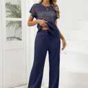 Women Two Piece Outfits Crochet Sheer Knit Sweater Top Wide Leg Pants Lounge Matching Sets Sweatsuit Travel Clothes
