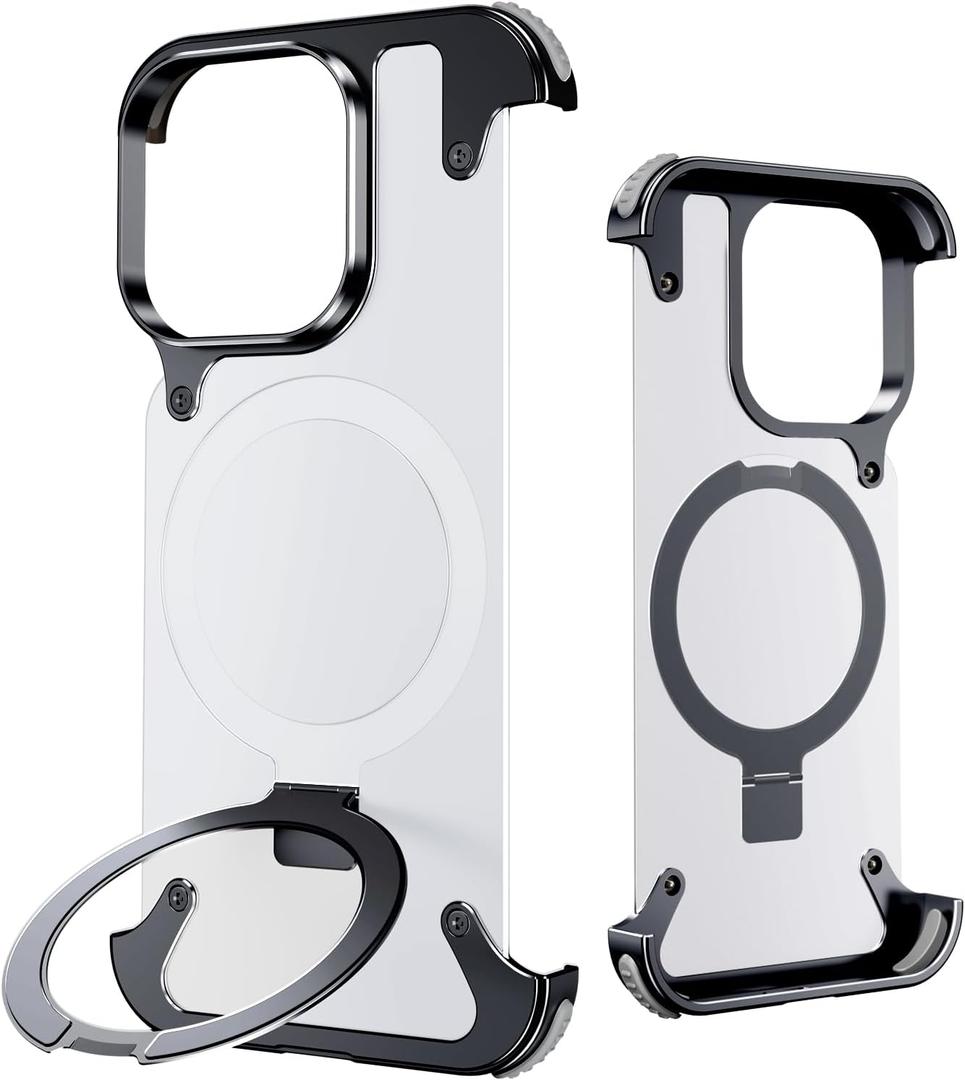 Frameless for iPhone 15 Promax Case with Magsafe Kickstand, Bezel Less Metal Slim Hard Shockproof Ultra Thin for iPhone 15 Pro Max Case with Ring Holder Magnetic Invisible Stand for Men, Black (Clear frosted-black)