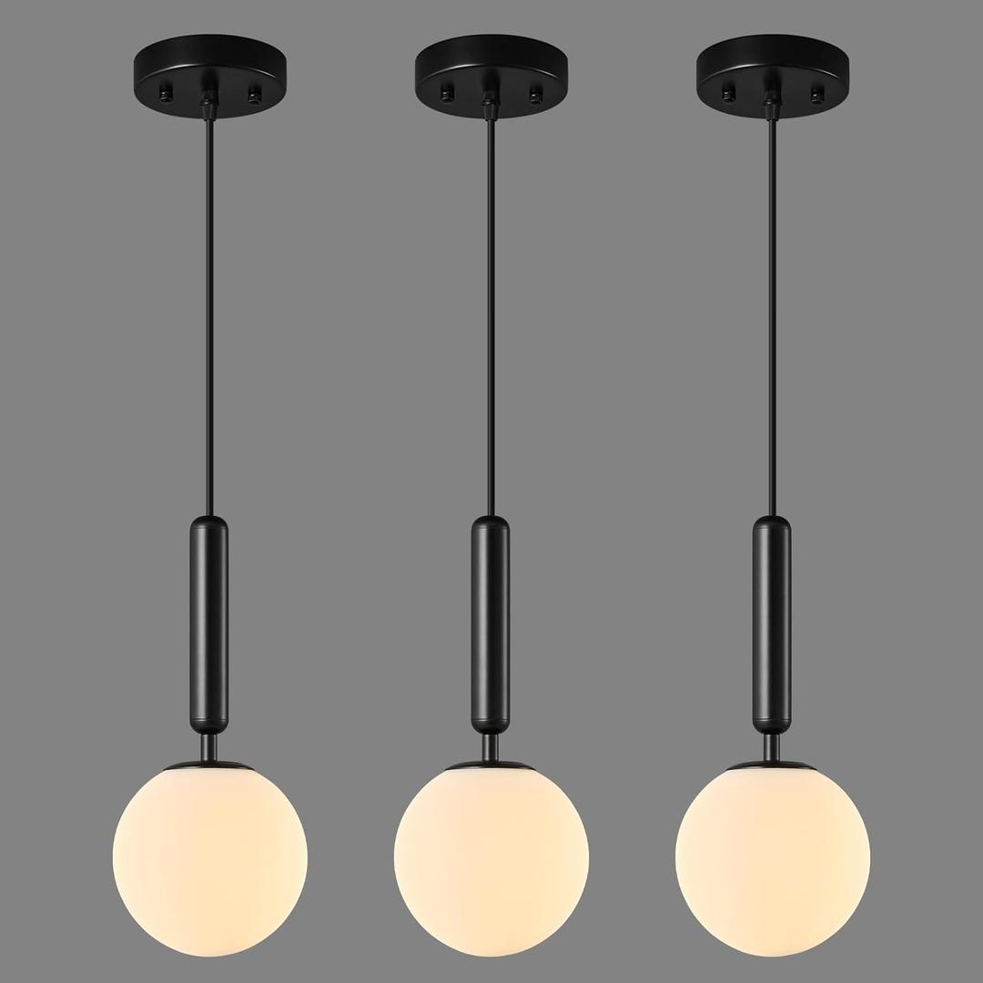Modern Hanging Light Fixture Pendant Lighting for Kitchen Island Mid Century Black Pendant Lights with Globe Milky White Glass Pendant Light for Bedroom Bathroom Entryway (3 Pack)