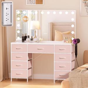 COMHOMA Vanity Desk with Large Mirror,15 LED Bulbs and Power Outlet,Makeup Table with 9 Storage Drawers and HD Mirrors,3 Color Modes Adjustable Lighting for Bedroom Dressing Room (Pink, 47inch)