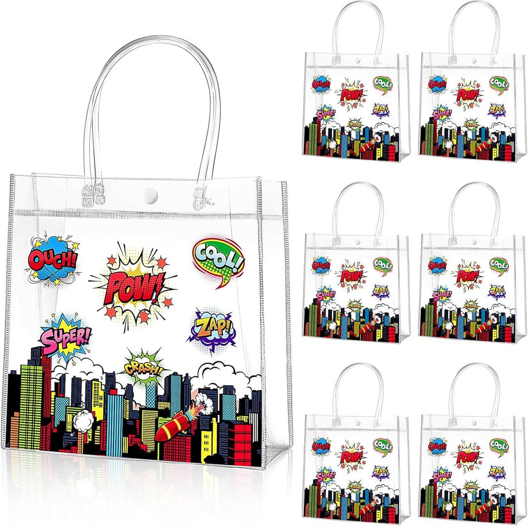 Aliceset 20 Pcs Hero Clear Favor Bags with Handles Hero Party PVC Treat Plastic Gift Bags for Birthday Party Rewards Supplies, 8 x 8 x 3.15 Inch