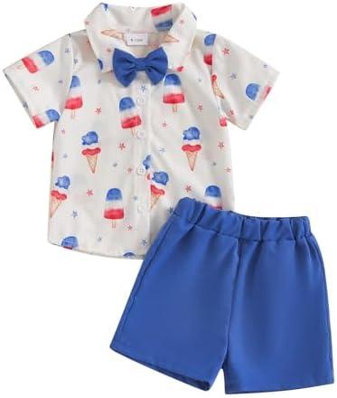Baby Boy 4th of July Clothes Short Sleeve USA Flag/Popsicle Print Button Down Shirt Bermuda Shorts Kids Outfit 6-12 m
