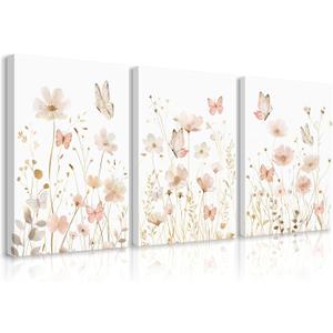 Pink Boho Floral Wall Art Vintage Nursery Wildflower Canvas Wall Decor Watercolor Flower Prints Pink Botanical Poster Butterfly Pictures Gold Floral Painting for Bedroom 16x24 Inch Ready to Hang 3pcs
