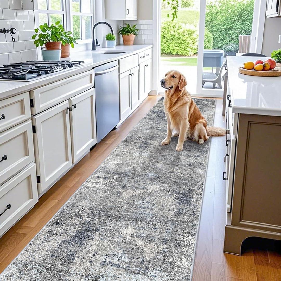 3x12 ft Non Skid Hallway Runner Rug - Long Washable Stain Resistant Low Pile Thin Carpet Runners for Kitchen Entryway Bathroom,Modern Abstract NeutralBlue Grey,3x12