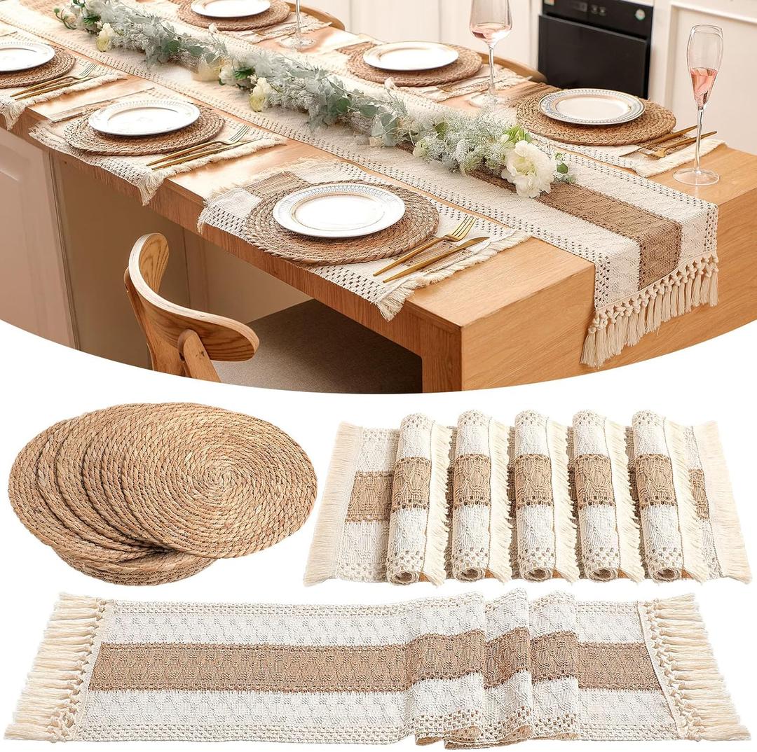 Boho Placemats 4/6 Set of Round Woven Placemats Macrame Style Bicolor Stitching Long Table Runner Farmhouse Rustic Natural Burlap Cotton for Kitchen Dining Table Home(Brown,6 Sets)