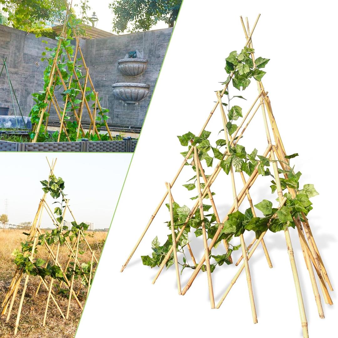 4ft Expandable Bamboo Teepee Trellis for Climbing Plants, Self-Standing Natural Bamboo Trellis for Plant Support, Folding Garden Trellis for Vines Flowers Vegetable Indoor Outdoor, 47.4"