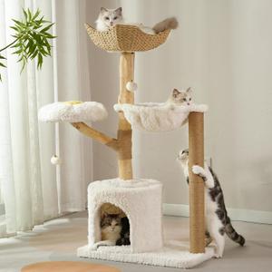 Moewrista Modern Cat Tree with Hammock 48.5 Inches Cat Tower with Scratching Post,Featuring Real Wood Post,Large Rattan Basket, Spacious Flower Perch and Condo for Indoor Cat Large Adults-Beige