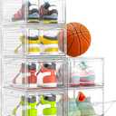 Thicken & Sturdy Clear Shoe Storage Organizer with Magnetic Door, Stackable Boxes for Closet, Foldable Space-Saving Shoe Rack for Sneaker Boot Container, Plastic Shoe Cabinet Shoe Box 6 Pack, White
