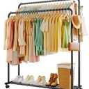 Sakugi Clothes Rack - Double Rods Clothing Rack with Mesh Shelf, Hooks & Wheels, Metal Clothing Racks for Hanging Clothes & Bags, Multifunctional Garment Rack for Laundry, Black, 47.2" x 16.9" x 59.1"