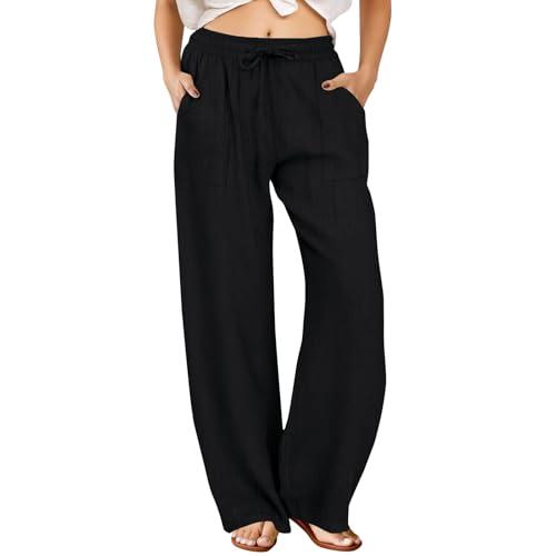 FireSwan Womens Palazzo Pants Casual Drawstring Flowy Pants Wide Leg Summer Beach Linen Trousers with Pockets Black Large