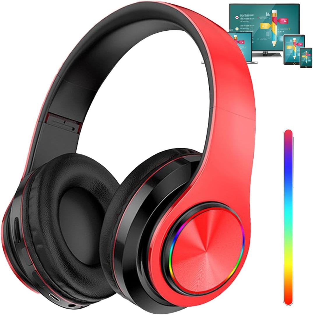 Bluetooth Headphones with LED Lights, Foldable Wireless Bluetooth Headphones Over Ear, Wired HiFi Stereo, Built-in Mic, Suitable for PC/Laptop/Tablet/Phone Gaming/Exercise/Calling(Red)