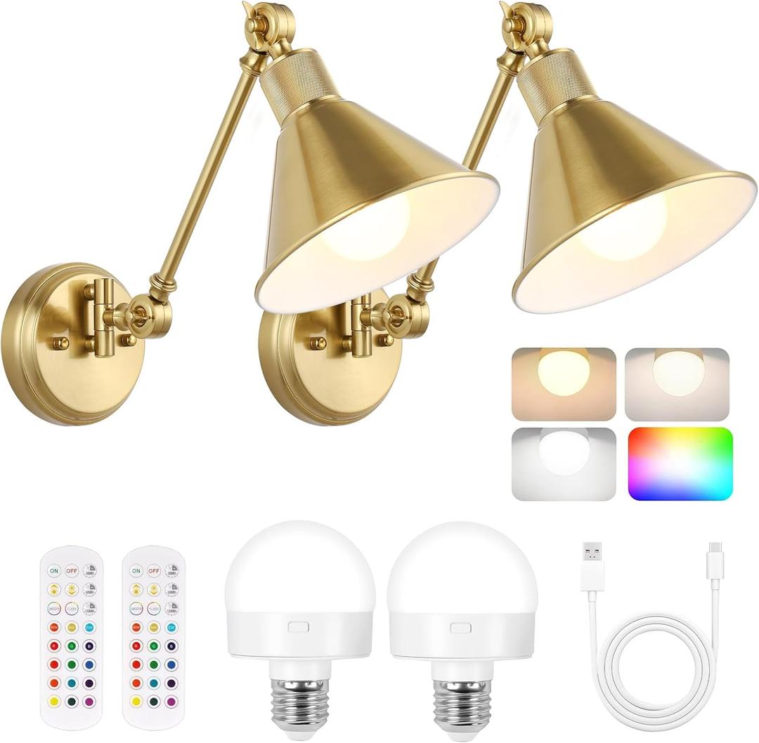 TRLIFE Rechargeable Battery Operated Wall Sconces, Dimmable and Adjustable Color Temperature Wireless Wall Sconces Set of 2 with Remote Control, Gold Swing Arm Wall Light for Bedroom Bedside Hallway