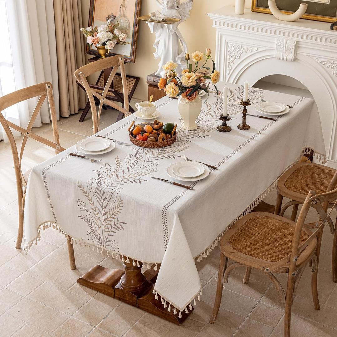 Joyfol Day Rustic Waterproof Linen Tablecloth, Heavy Weight Fern Embroidery Table Cloths for Rectangle Tables, Farmhouse Spill-Proof Table Covers with Tassels, Coffee 55''x 70''