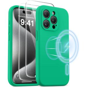 AOTESIER Magnetic for iPhone 15 Pro Case, [Compatible with Magsafe] [Food Grade Silicone] Upgraded Camera & Screen Protection Phone Case with [2 Screen Protectors], 6.1 inch, Emerald Green