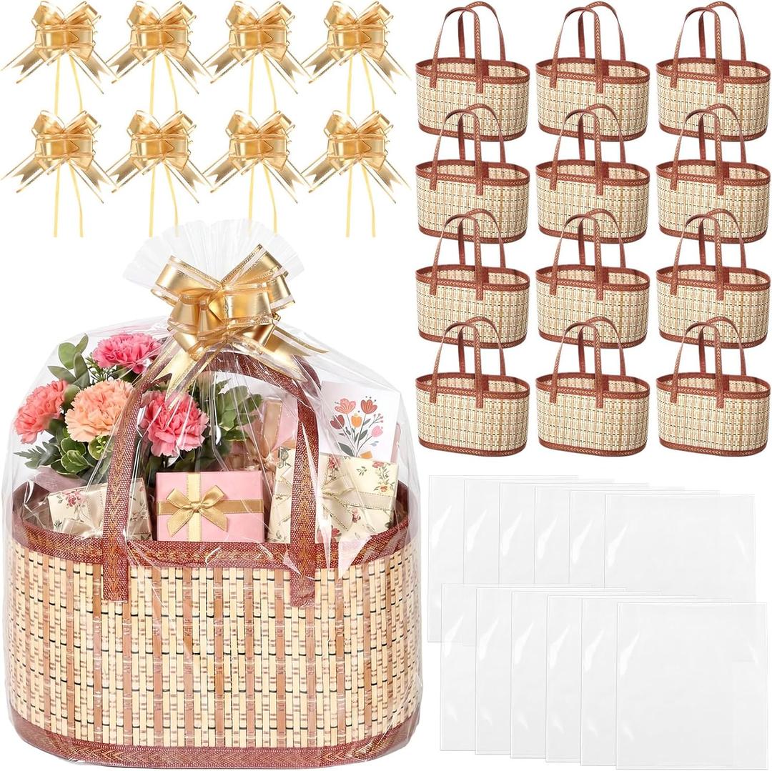 Reallnaive 12 Set Gift Basket Empty Woven Bamboo Storage Baskets with Clear Gift Bags Pull Bows Ribbon Foldable DIY Gifts Basket Kit with Handle for Baby Shower Housewarming