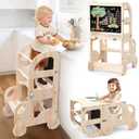 Toddler Kitchen Step Stool, Car Shape Learning Standing Tower with Blackboard, Wooden Kitchen Stool Helper, Foldable Chair & Table for Kids, Ideal 1-3 Year Old Boy Girl Gifts