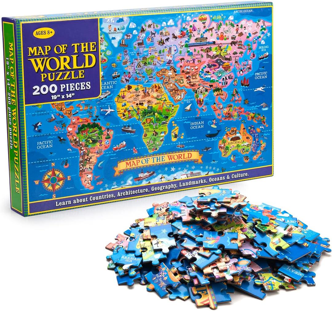 MOTYAWN 200 Pieces World Map Puzzle for Kids & Adults, World Map Jigsaw Puzzle Floor Puzzles Toddler Geography Educational Toys for Boys and Girls, Globe Atlas Puzzle Maps for Kids Learning Games