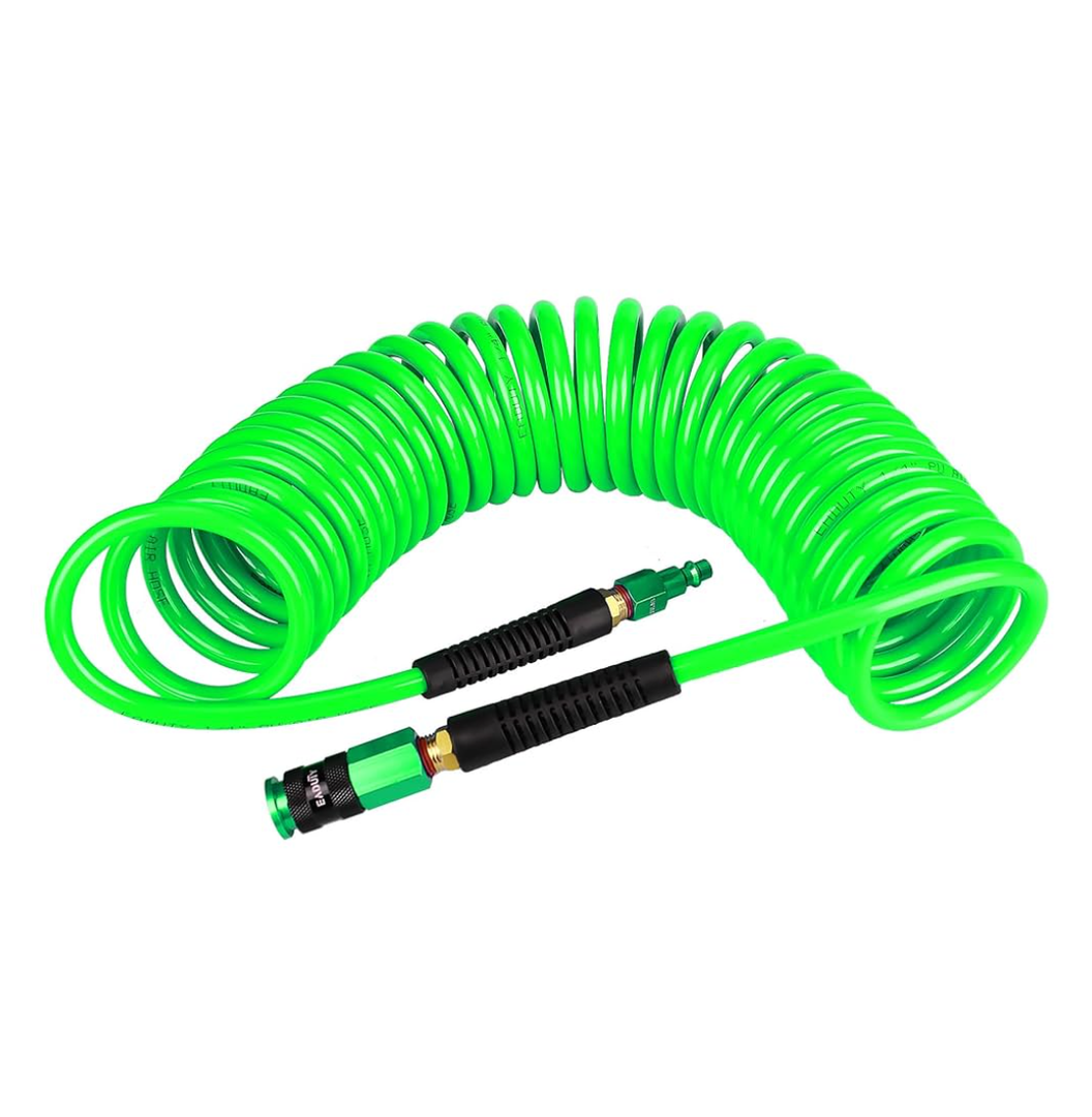 Yereen Heavy Duty Polyurethane Recoil Air Hose 1/4 in x 50 ft, Lightweight, Flexible Compressor Hose with Universal Quick Coupler, Plug and Bend Restrictors, Green