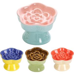 S&Q's CERAMICS Raised Slow Feeder Cat Bowl, Ceramic Elevated and Titled Glass Food Bowl Small Dogs Slow Feeder, Flower Shaped Cute Cat Dish for Dry and Wet Food (Pink, 5.8")