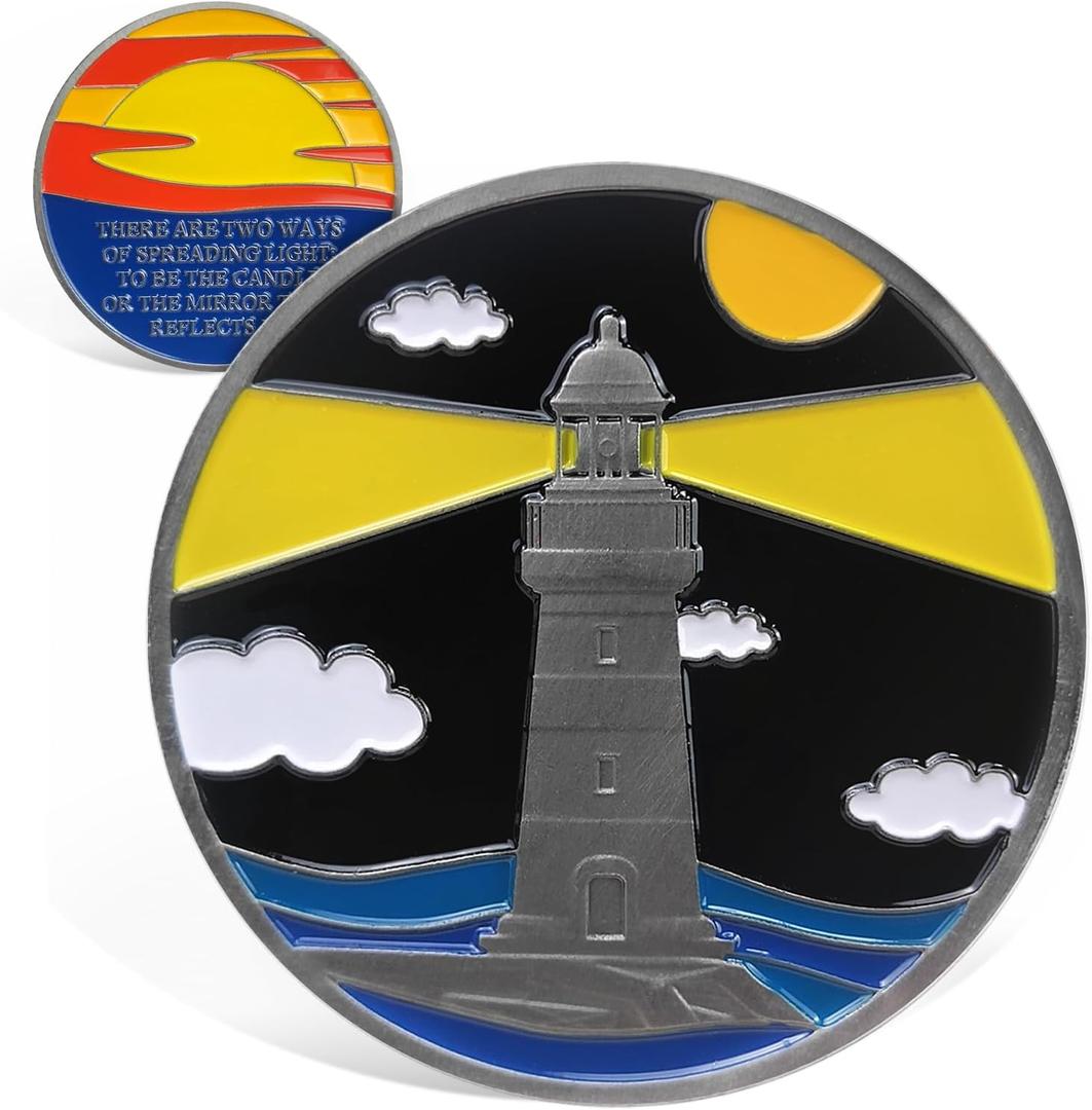 Lighthouse Sobriety Coin - Sunrise Recovery Sobriety Chip - Spreading Light AA Chips and Medallions - Alcoholics Anonymous AA Coins - Sobriety Gifts for Men Women