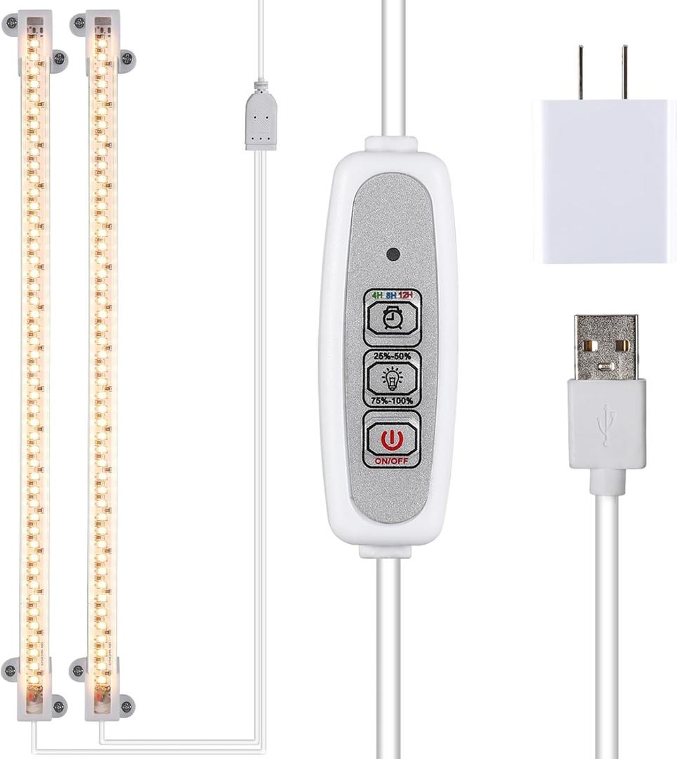 Grow Light Two Heads, Strip Growing lamp, Full Spectrum Grow Light Strips for Indoor Plants with Auto ON/Off Timer & 4 Dimmable Levels, Led Grow Lamp for Green House Hydroponics Succulent (2 Strip Warm)