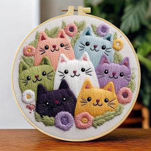 JOZYSH DIY Stamped Embroidery Starters Kits Animal Coralline with Pattern for Beginners Hoops Cloth Threads Needlework Art Cross Stitch Kits Craft for Adults Students Home Decoration,20x20cm (Cat)