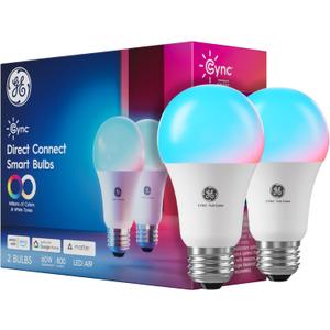 GE Cync A19 LED Smart Light Bulbs, Room Decor Aesthetic Bluetooth and WiFi Color Changing Lights, LED Indoor Light Bulb, Compatible with Alexa and Google (2 Pack)