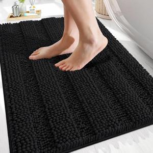 OLANLY Thick Bathroom Rugs 30x20, Extra Soft Absorbent Chenille Striped Bath Rugs, Rubber Backing, Machine Wash Dry, Bath Mats for Bathroom Floor, Tub and Shower, Home Decor Accessories, Black